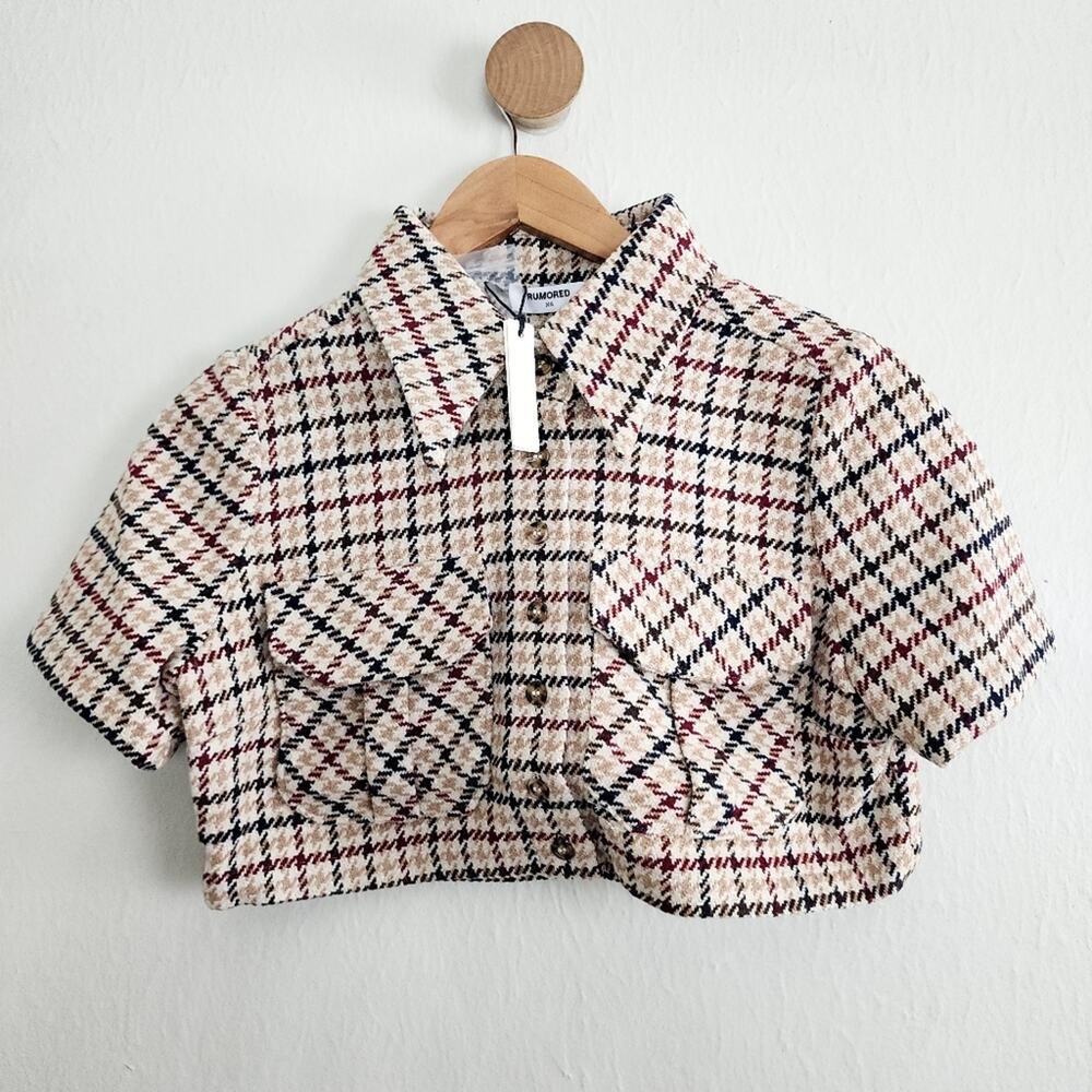 Rumored Coco Plaid Tweed Crop Top Revolve Cream Newberry Button Up XS NWT